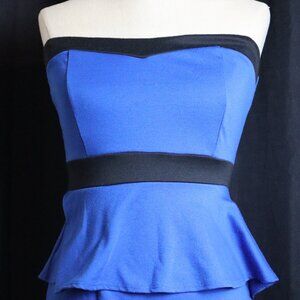Deb Juniors Medium Y2K Vintage Royal Blue Black Strapless Peplum Dress Party